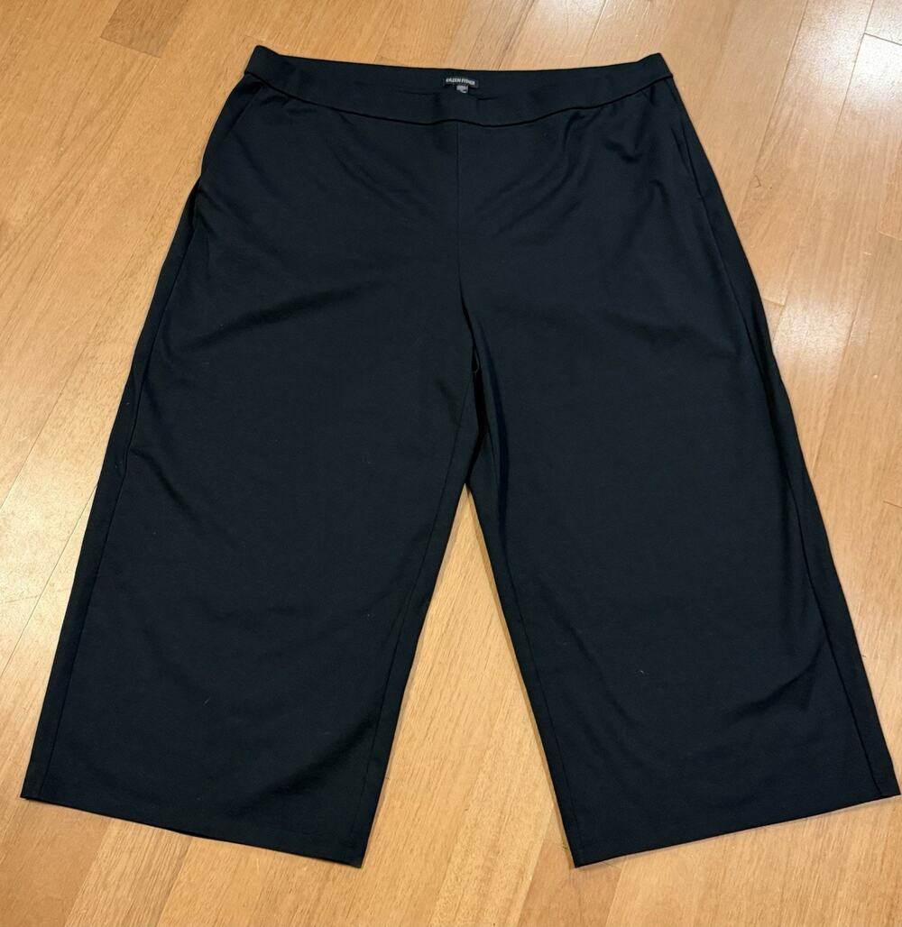 EILEEN FISHER Wide Leg Cropped Pants Womens 2X Black 100% Organic Pull On NWT